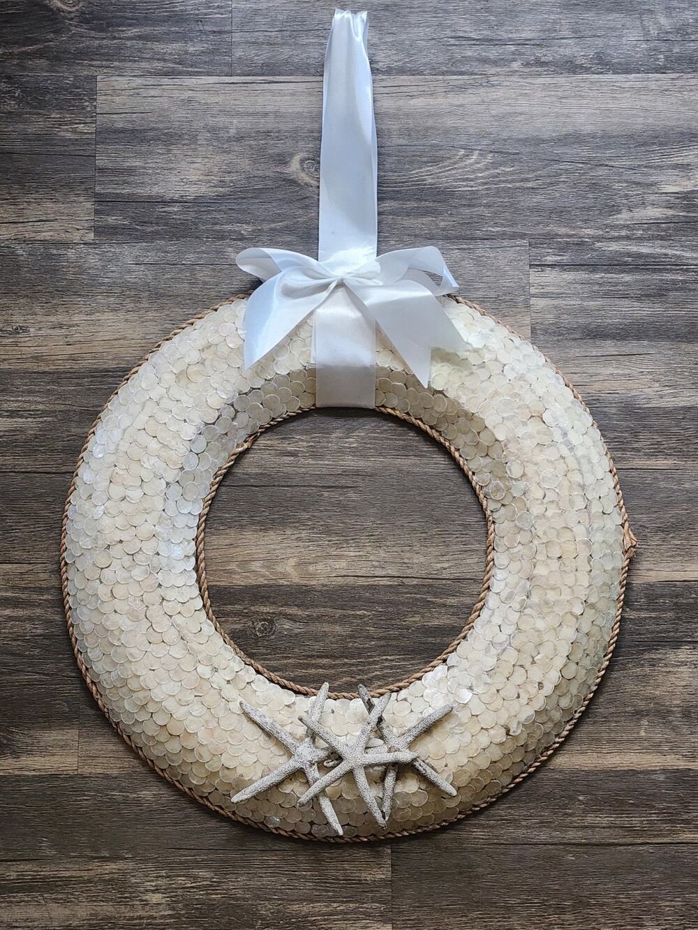 Hand Crafted Pearl Seashell Starfish Wreath Nautical Coastal Beach House Decor